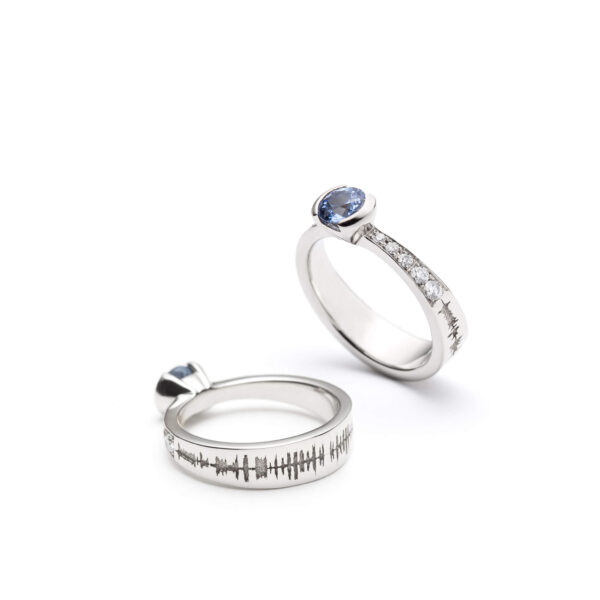 Sound Wave Engraved Unique Sapphire Engagement Ring